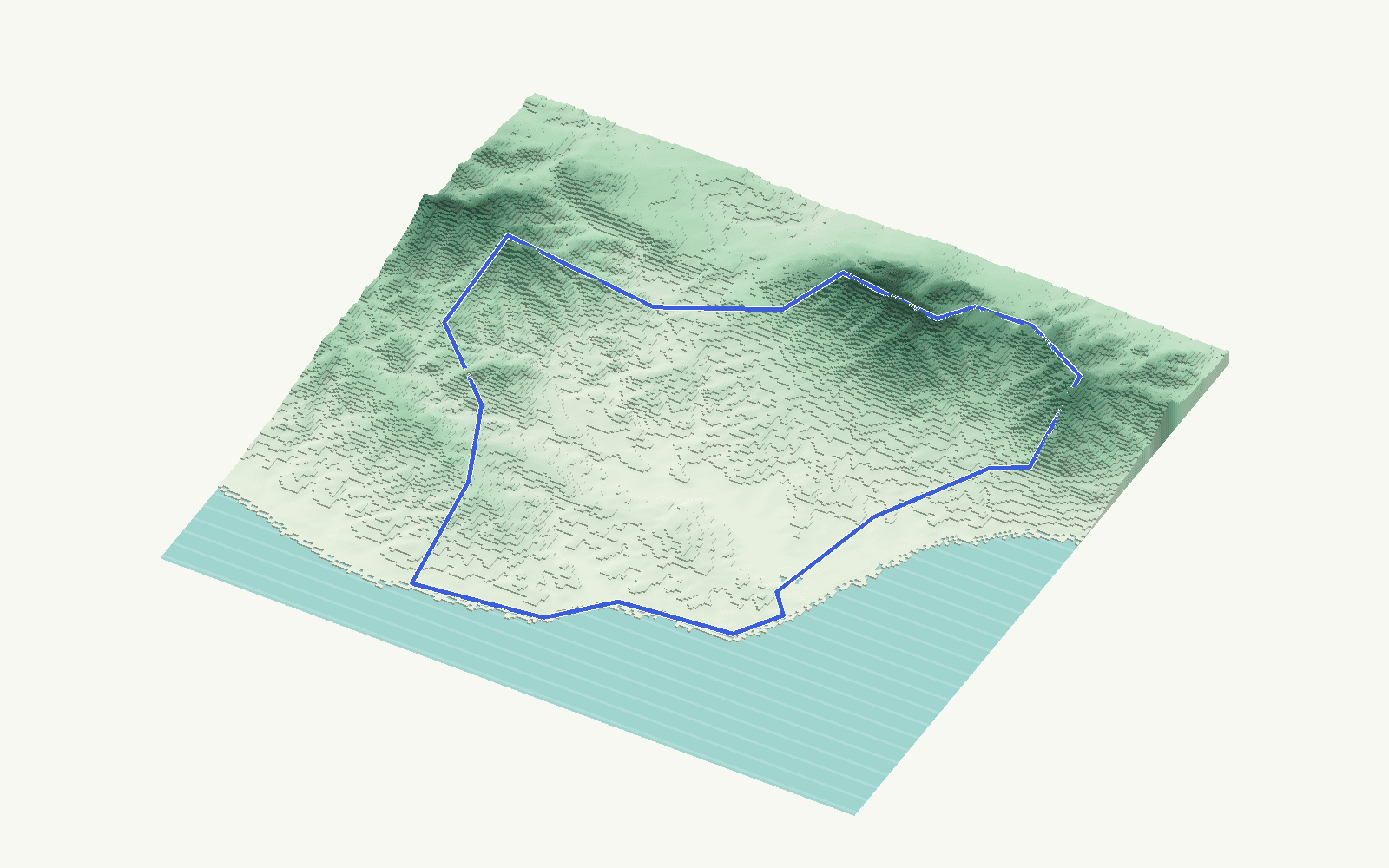 Mijas rendered as a stacked-terrace terrain model from open elevation data, viewed from the south-east at 30 m steps, with the municipal boundary in cobalt