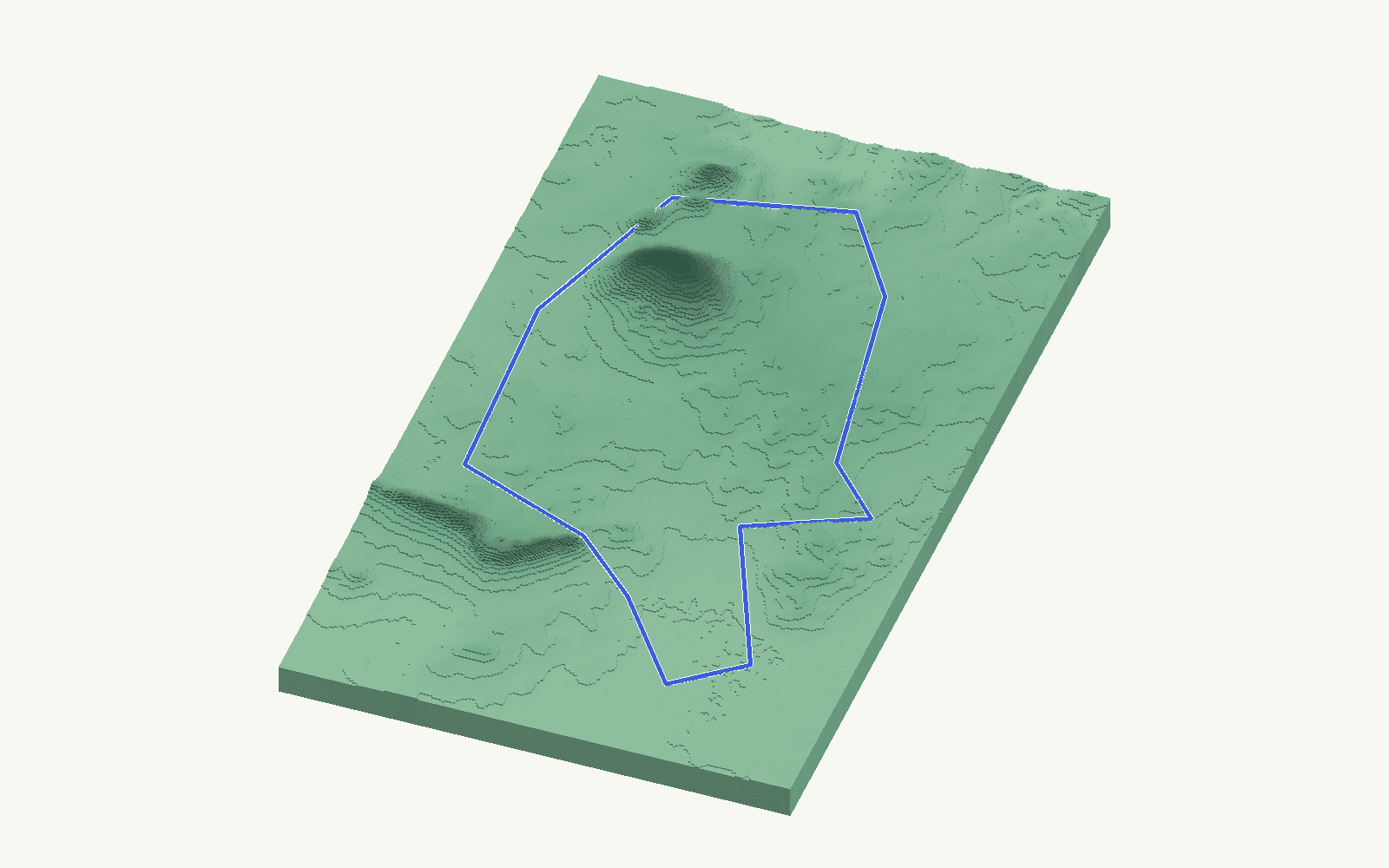 Mollina rendered as a stacked-terrace terrain model from open elevation data, viewed from the south at 20 m steps, with the municipal boundary in cobalt