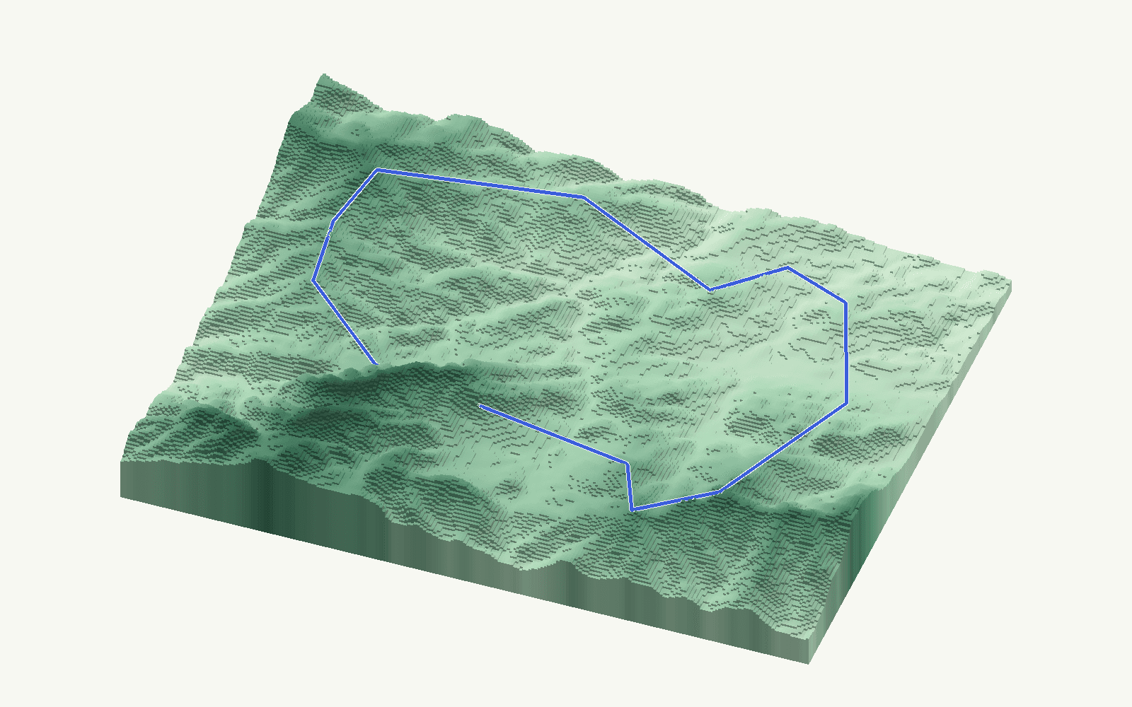 Monda rendered as a stacked-terrace terrain model from open elevation data, viewed from the south at 25 m steps, with the municipal boundary in cobalt