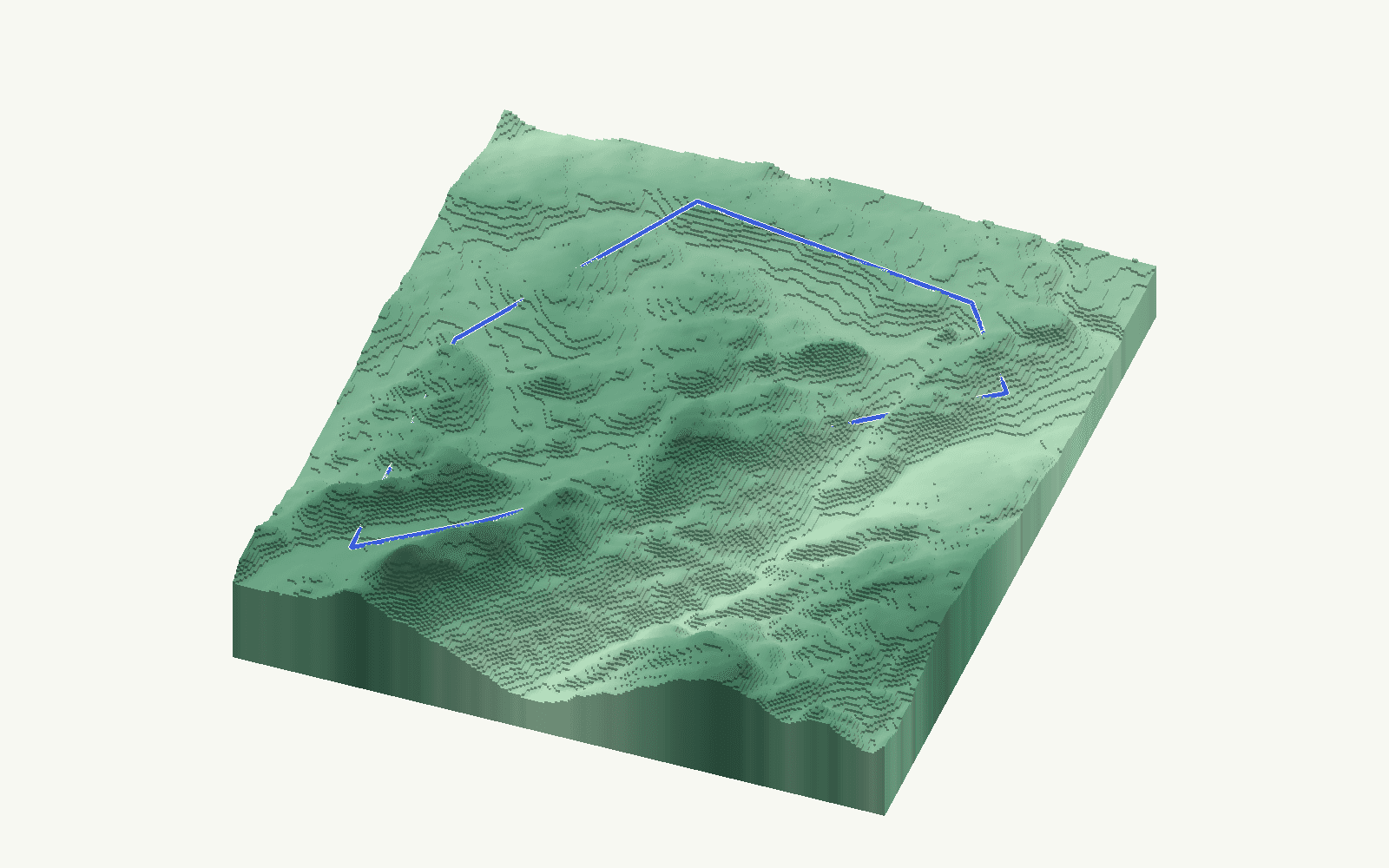 Montejaque rendered as a stacked-terrace terrain model from open elevation data, viewed from the south at 30 m steps, with the municipal boundary in cobalt