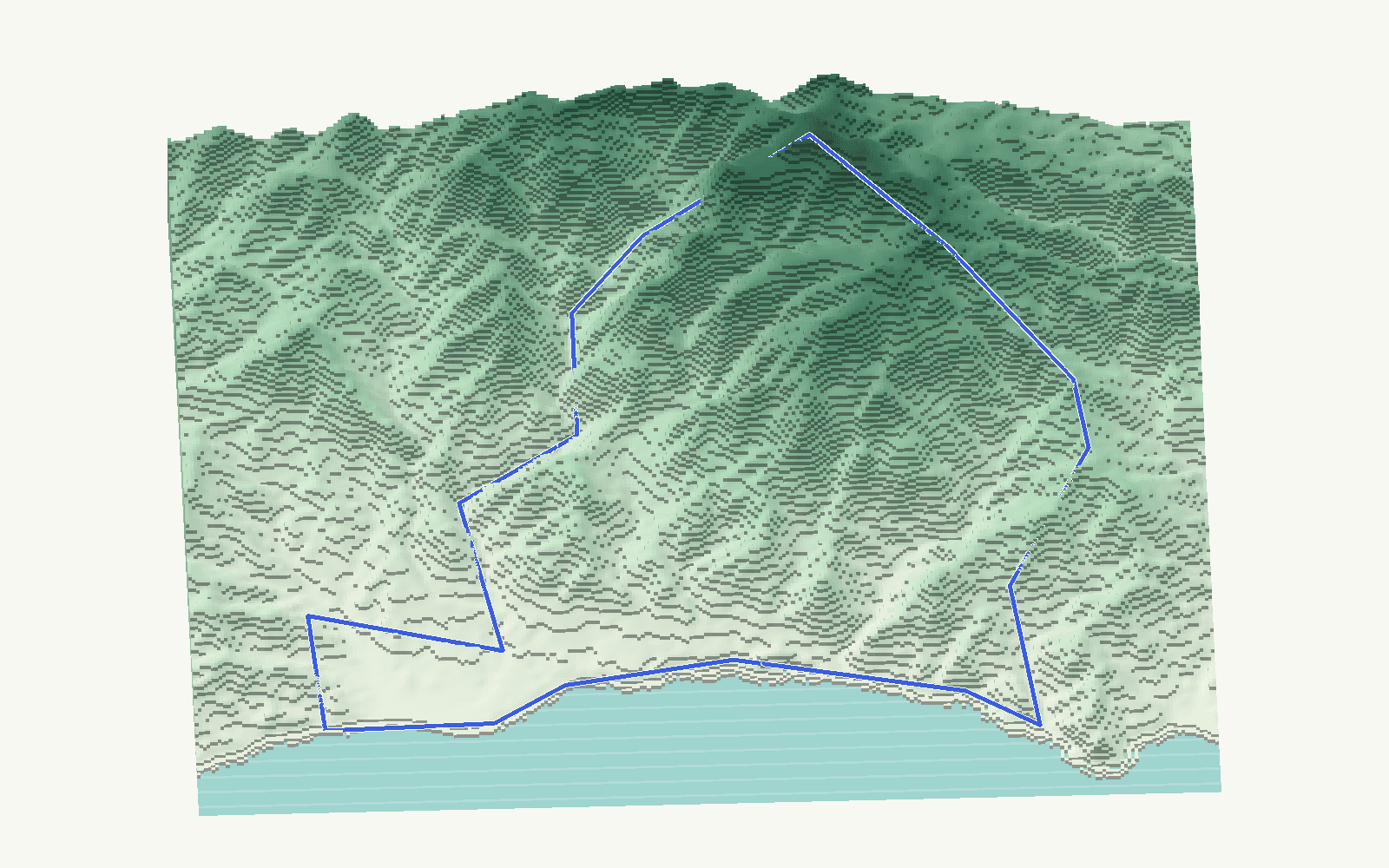 Nerja rendered as a stacked-terrace terrain model from open elevation data, viewed from the south at 45 m steps, with the municipal boundary in cobalt