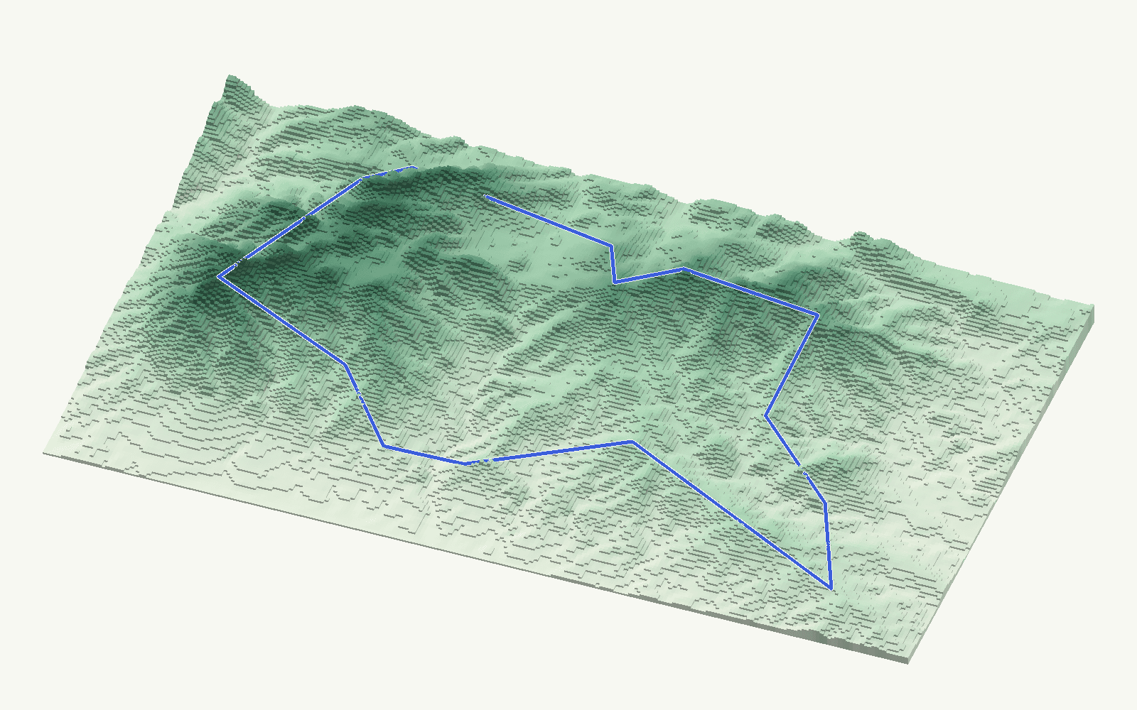 Ojén rendered as a stacked-terrace terrain model from open elevation data, viewed from the south at 30 m steps, with the municipal boundary in cobalt