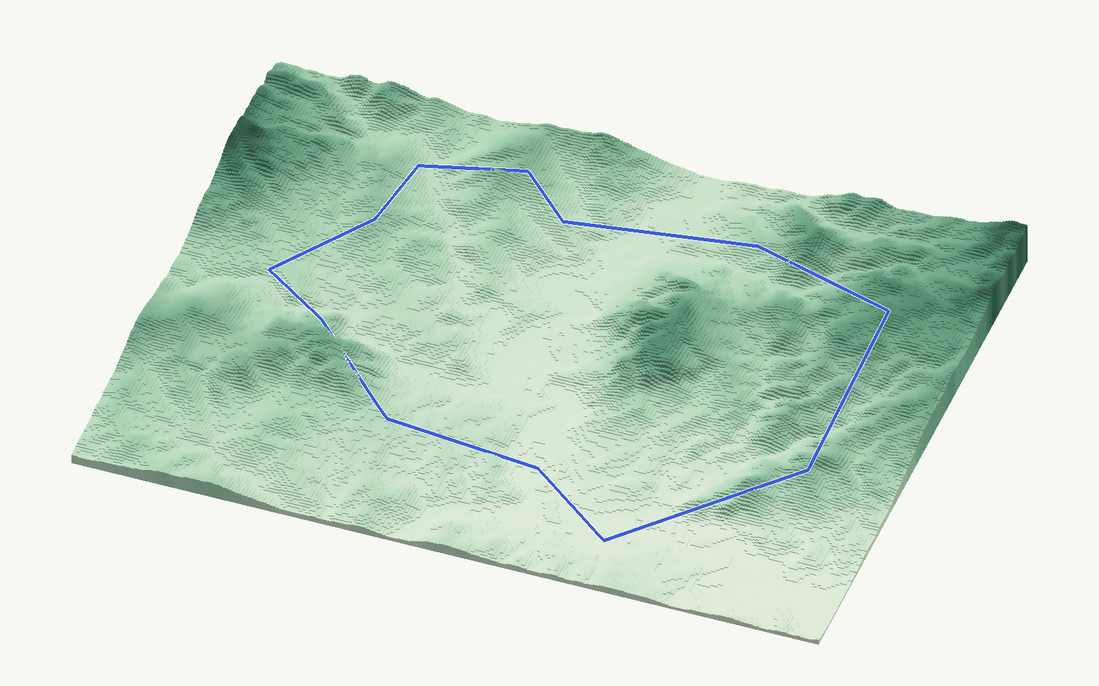Pizarra rendered as a stacked-terrace terrain model from open elevation data, viewed from the south at 10 m steps, with the municipal boundary in cobalt