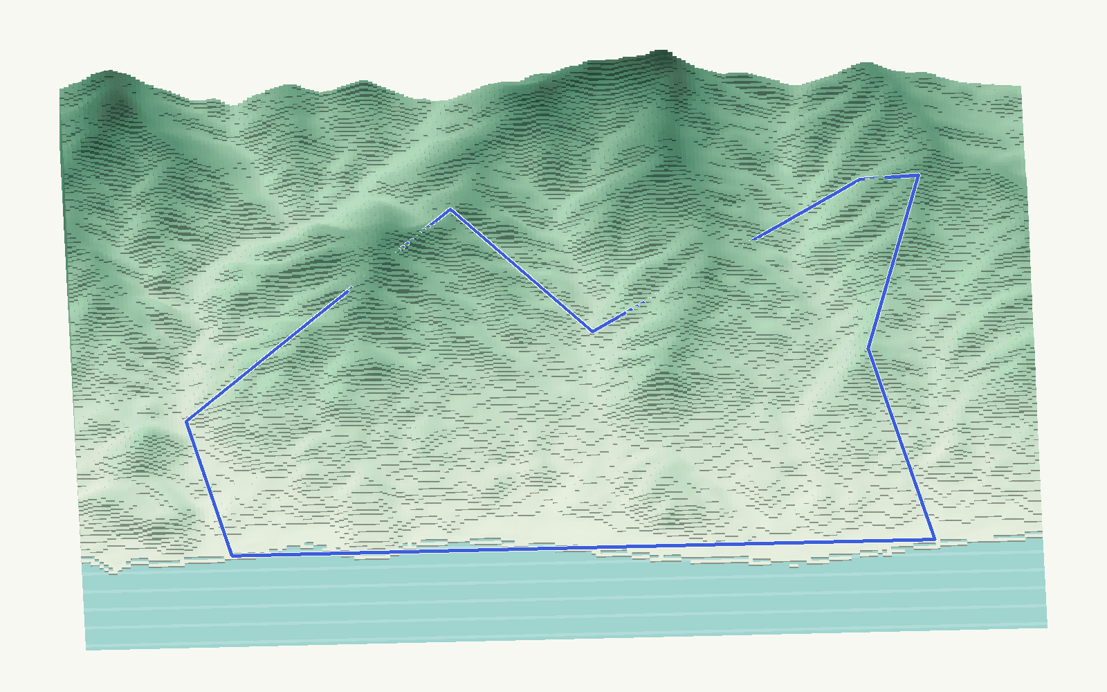 Rincón de la Victoria rendered as a stacked-terrace terrain model from open elevation data, viewed from the south at 10 m steps, with the municipal boundary in cobalt