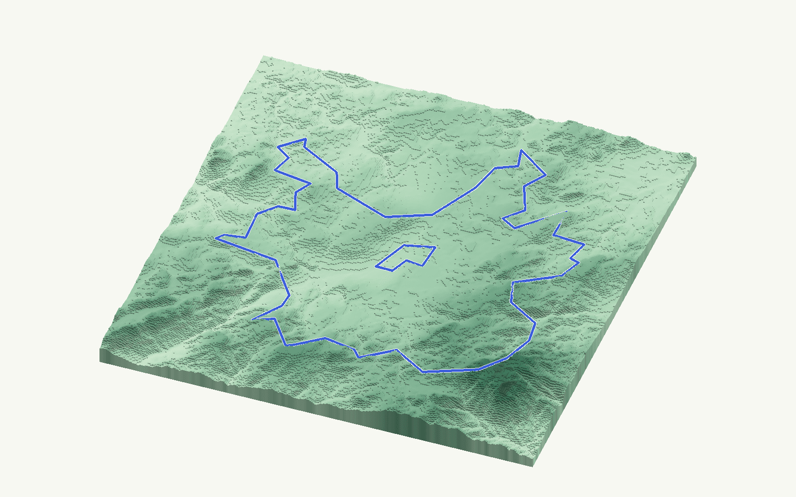 Ronda rendered as a stacked-terrace terrain model from open elevation data, viewed from the south at 45 m steps, with the municipal boundary in cobalt