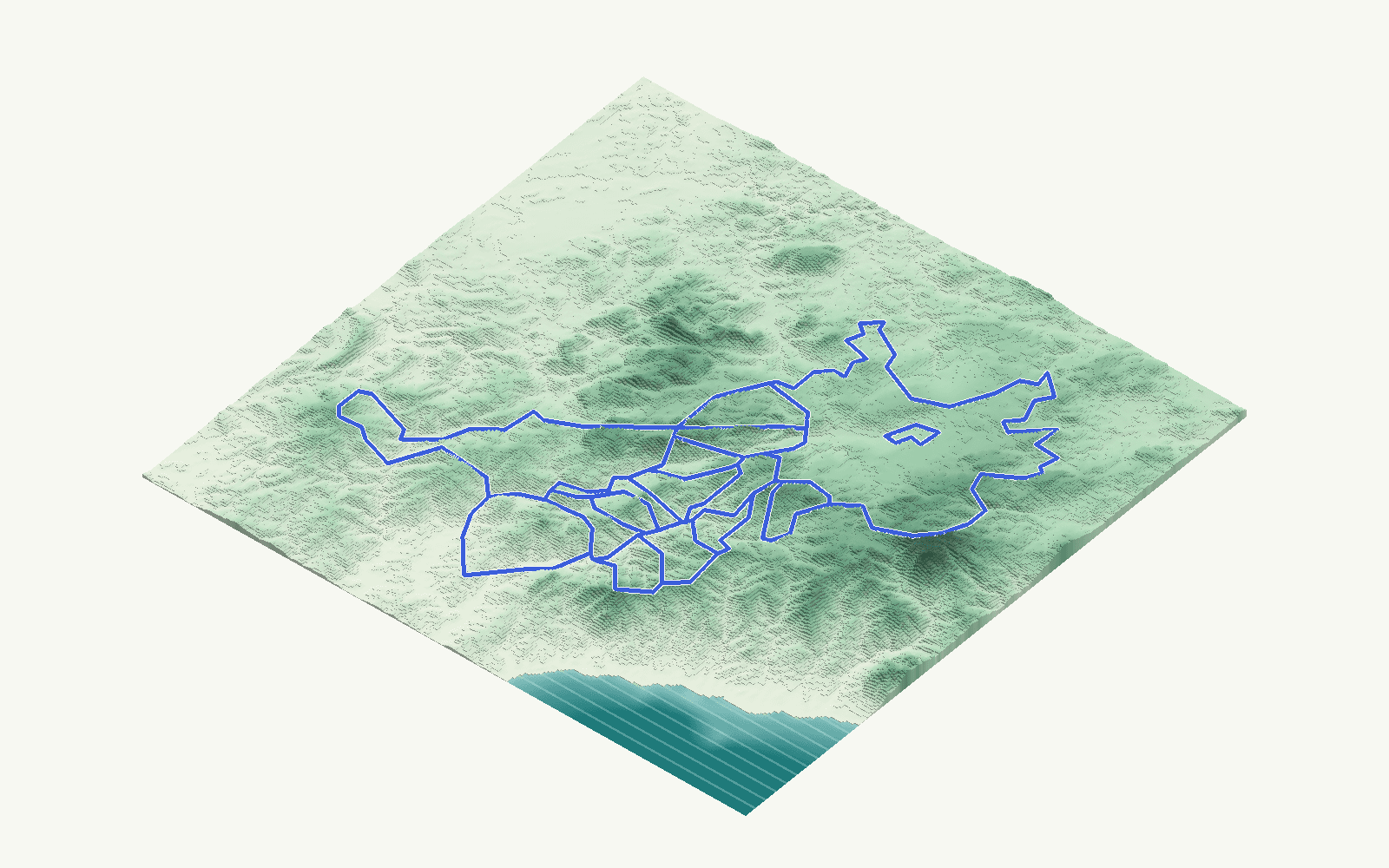 Ronda and the Serranía rendered as a stacked-terrace terrain model from open elevation data, viewed from the south-east at 45 m steps, with the municipal boundary in cobalt