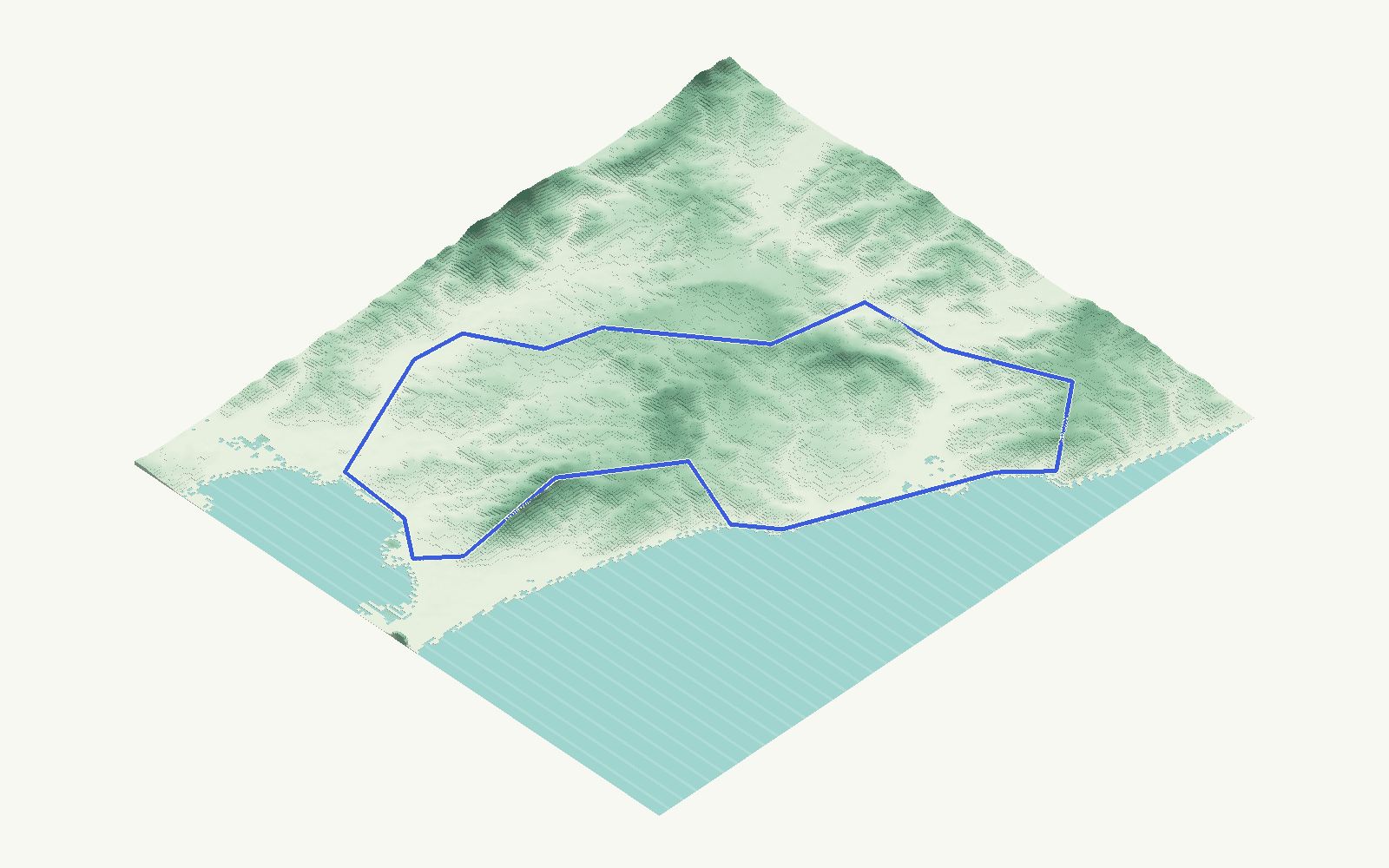 San Roque rendered as a stacked-terrace terrain model from open elevation data, viewed from the south-east at 10 m steps, with the municipal boundary in cobalt