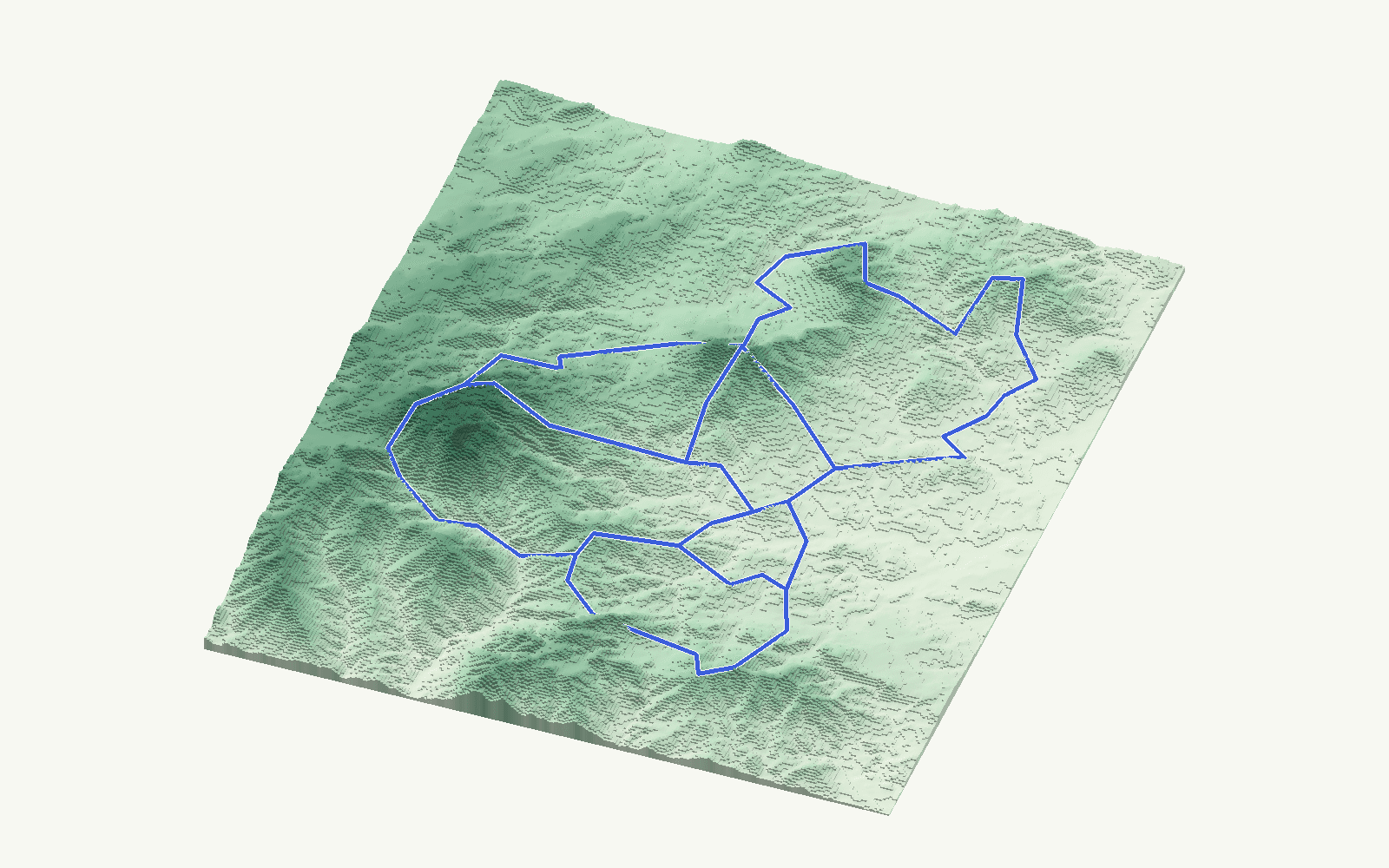 Sierra de las Nieves rendered as a stacked-terrace terrain model from open elevation data, viewed from the south at 45 m steps, with the municipal boundary in cobalt