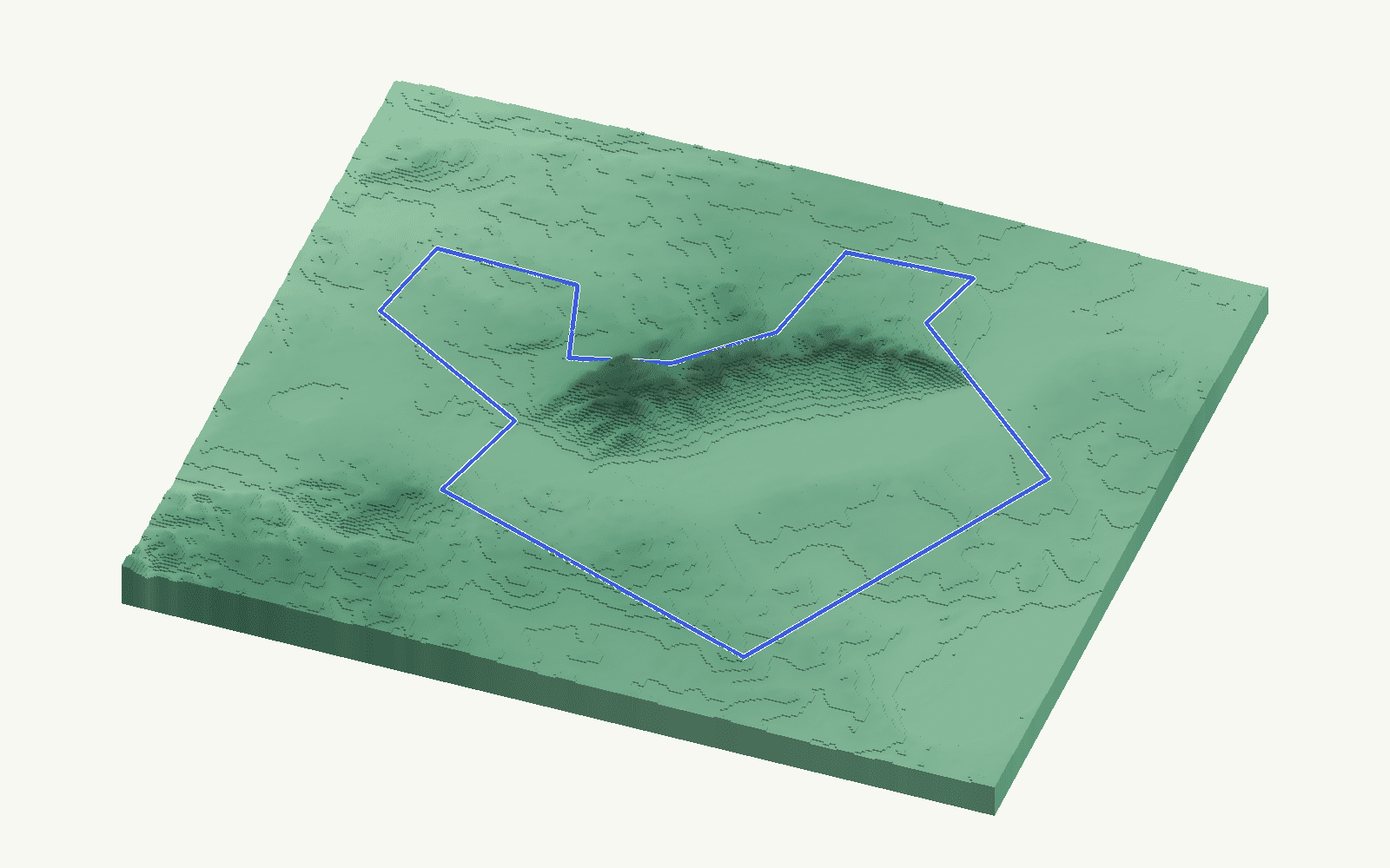 Sierra de Yeguas rendered as a stacked-terrace terrain model from open elevation data, viewed from the south at 20 m steps, with the municipal boundary in cobalt