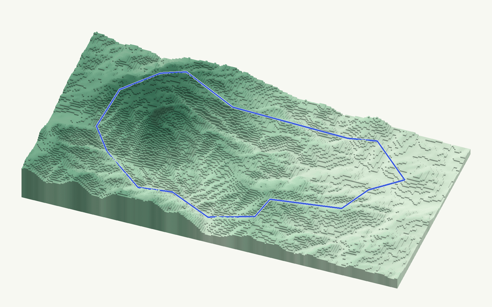 Tolox rendered as a stacked-terrace terrain model from open elevation data, viewed from the south at 45 m steps, with the municipal boundary in cobalt