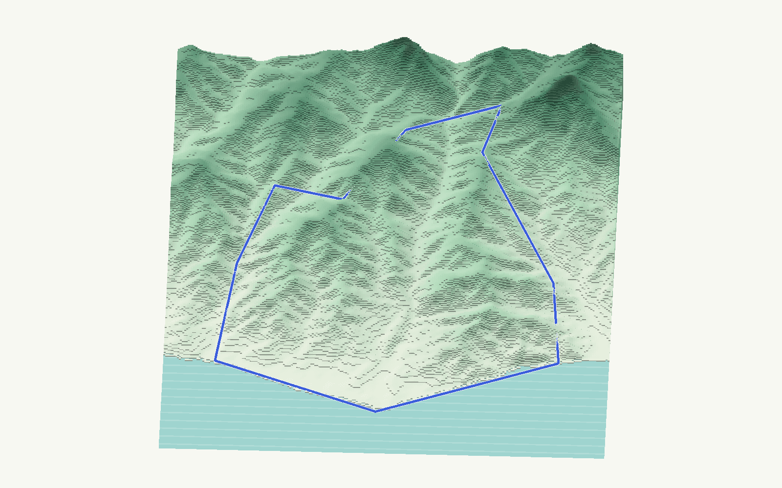 Torrox rendered as a stacked-terrace terrain model from open elevation data, viewed from the south at 15 m steps, with the municipal boundary in cobalt