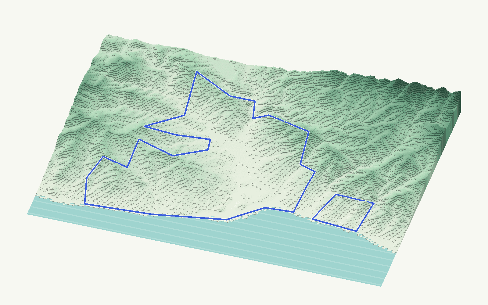 Vélez-Málaga rendered as a stacked-terrace terrain model from open elevation data, viewed from the south at 15 m steps, with the municipal boundary in cobalt