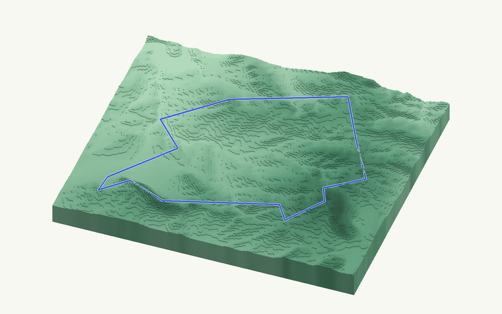 Villanueva de Algaidas rendered as a stacked-terrace terrain model from open elevation data, viewed from the south at 25 m steps, with the municipal boundary in cobalt