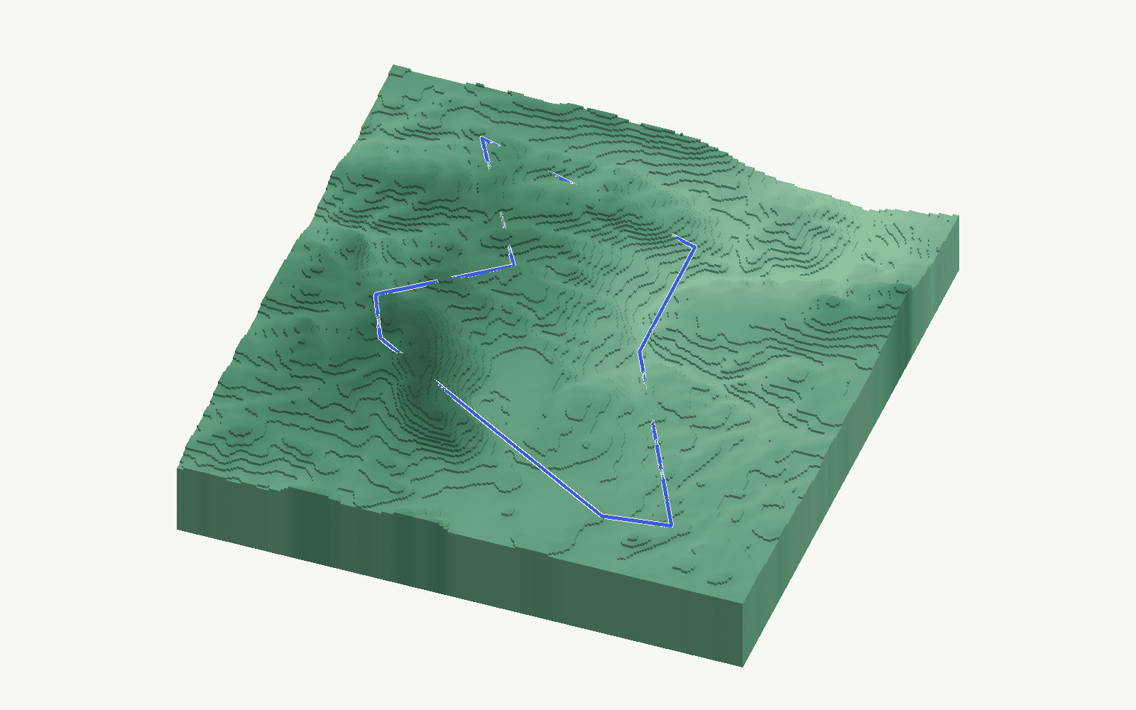 Villanueva de Tapia rendered as a stacked-terrace terrain model from open elevation data, viewed from the south at 25 m steps, with the municipal boundary in cobalt