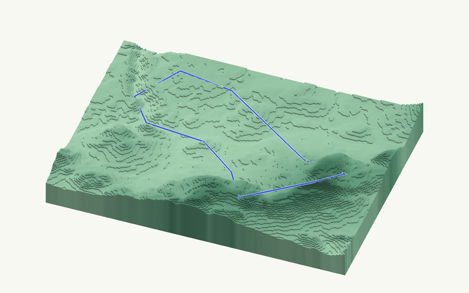 Villanueva del Rosario rendered as a stacked-terrace terrain model from open elevation data, viewed from the south at 40 m steps, with the municipal boundary in cobalt
