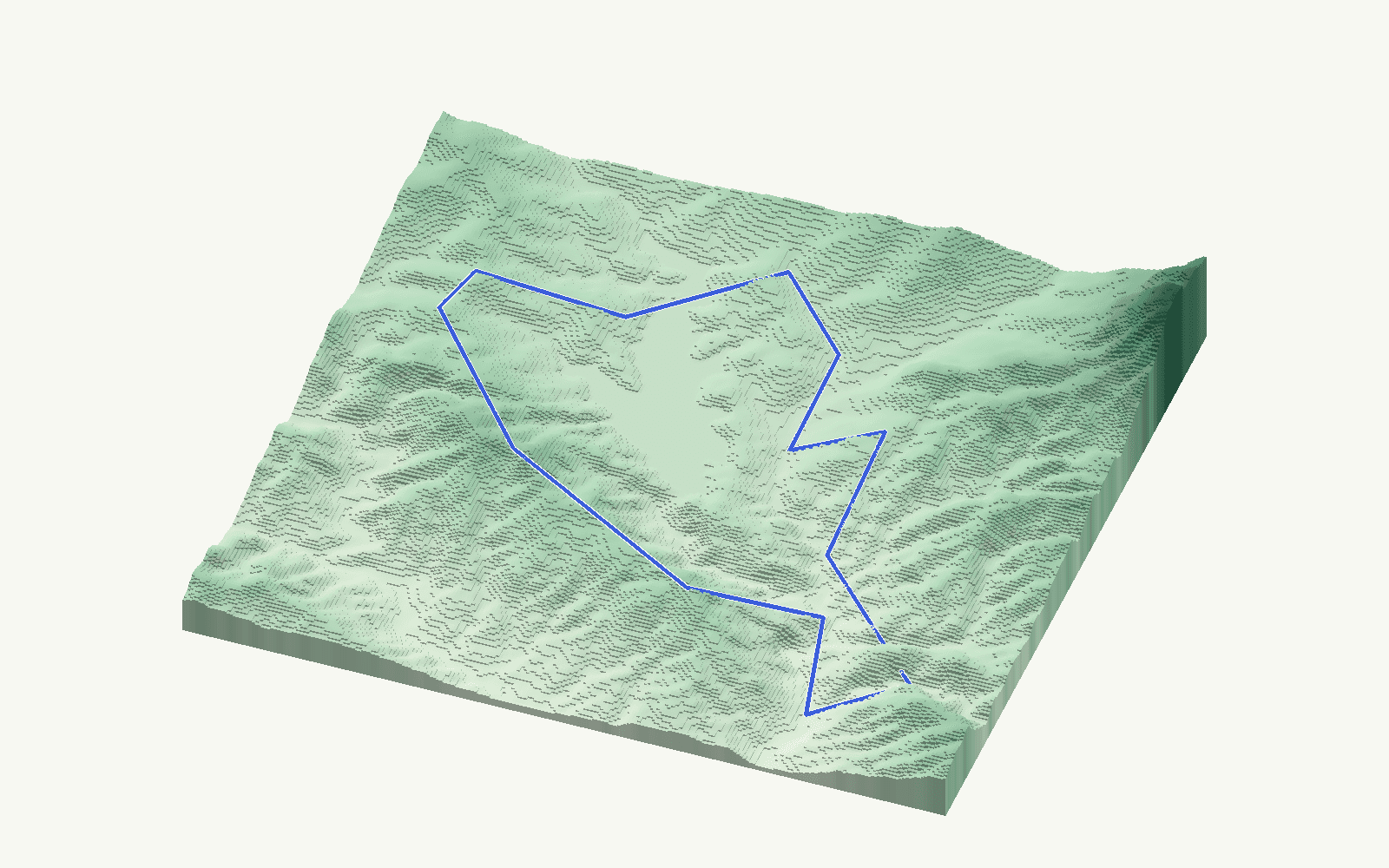 Viñuela rendered as a stacked-terrace terrain model from open elevation data, viewed from the south at 15 m steps, with the municipal boundary in cobalt