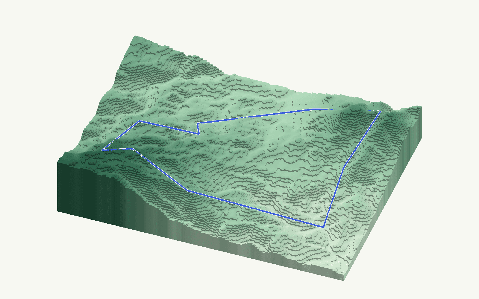 Yunquera rendered as a stacked-terrace terrain model from open elevation data, viewed from the south at 45 m steps, with the municipal boundary in cobalt